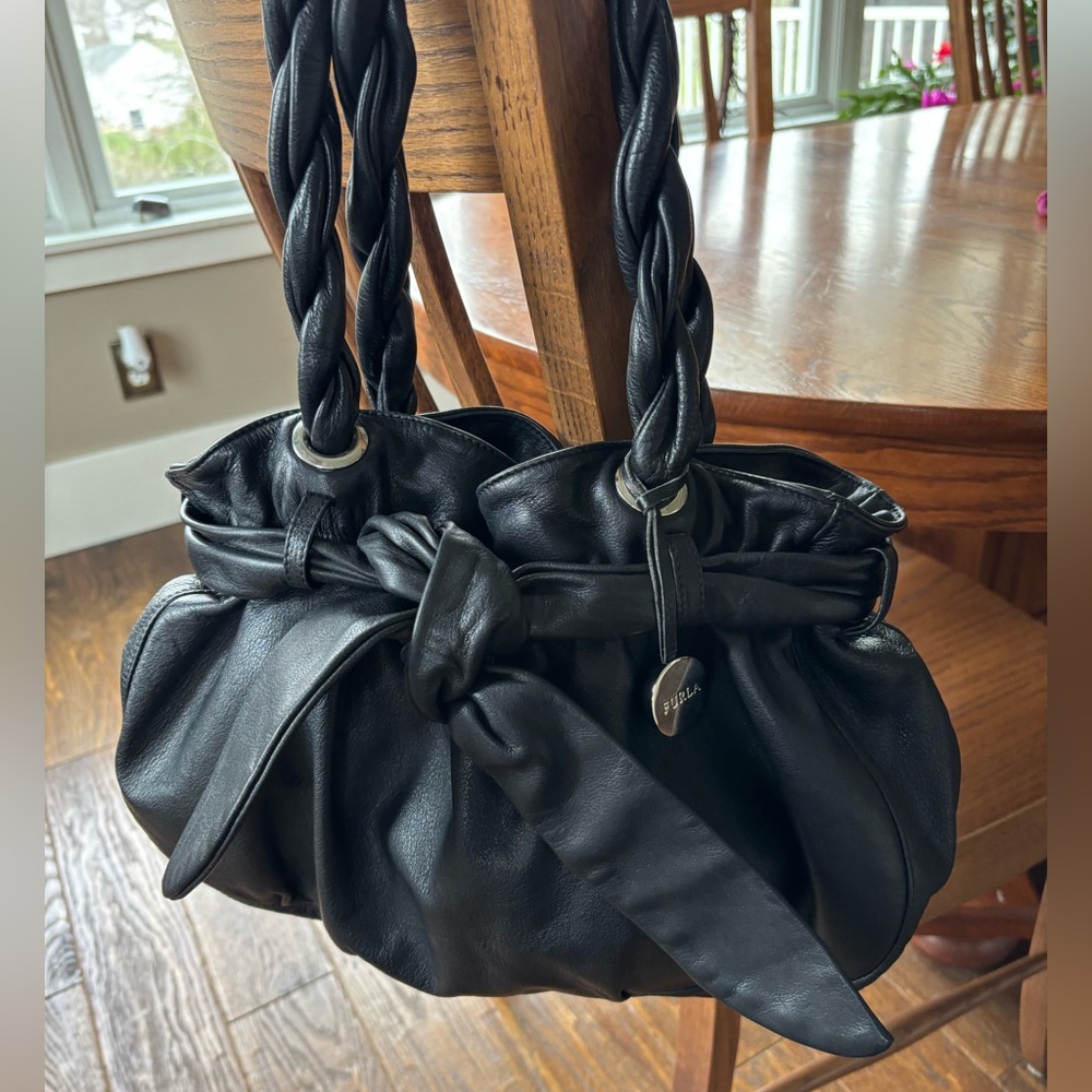 Furla Black Leather Braided-Handle Shoulder Bag with Knot Detail
